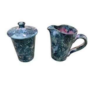 Artisan potter marked teal Blue, navy, pink leaf print cream & lidded sugar Set
